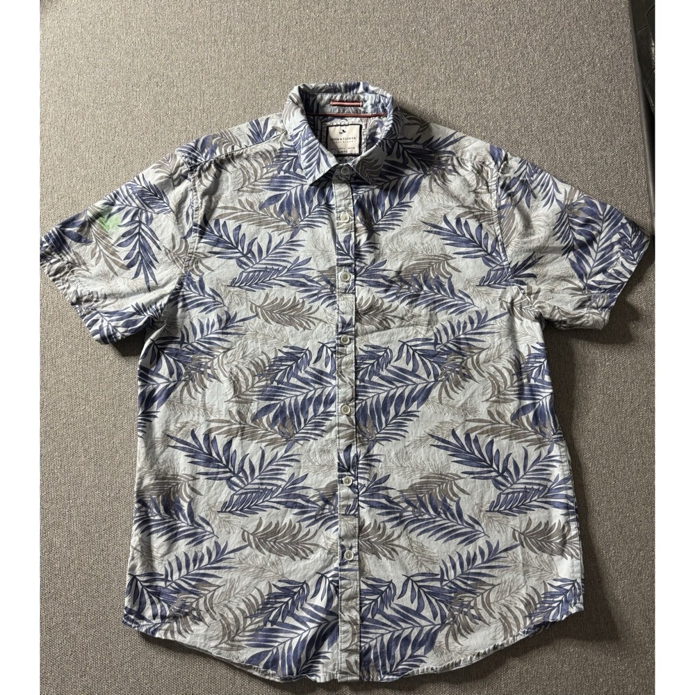 Denim And Flower Ricky Singh Slim Fit Blue And White Palm Leaves Shirt Large‎